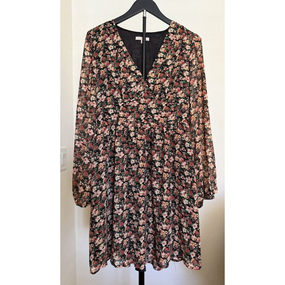 SKIES ARE BLUE Multicolor Floral Long Sleeve A-Line Short Dress M Coquette